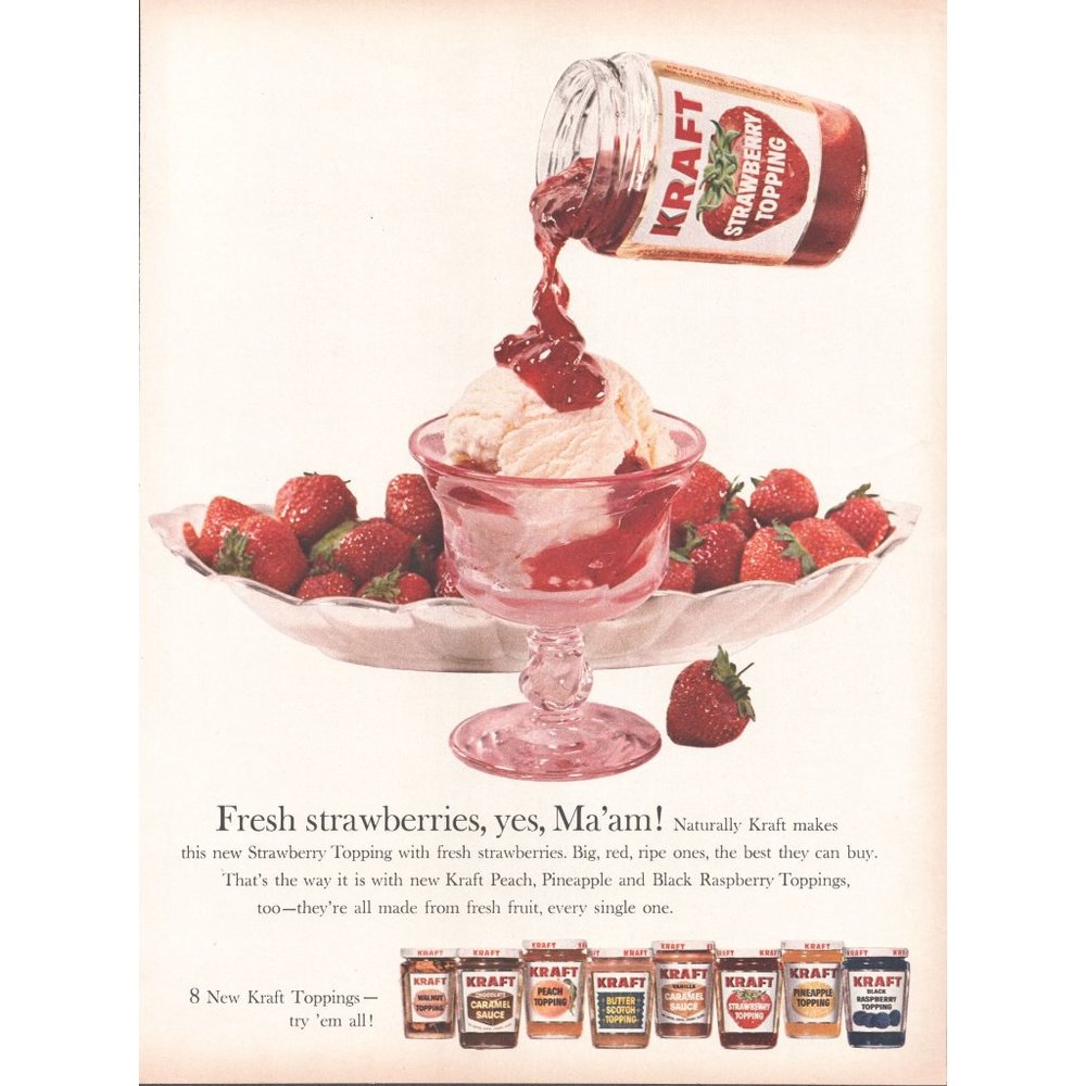 1961 Kraft Strawberry Topping Vintage Print Ad Ice Cream Sundae Dessert Wall Art